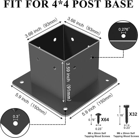 4x4 Post Base, 4Pcs Post Brackets (Inner Size 3.5"x3.5"), Black Powder-Coated Heavy Duty Steel Fence Post Anchor for Deck Porch Railing Pergola Support in Saudi Arabia