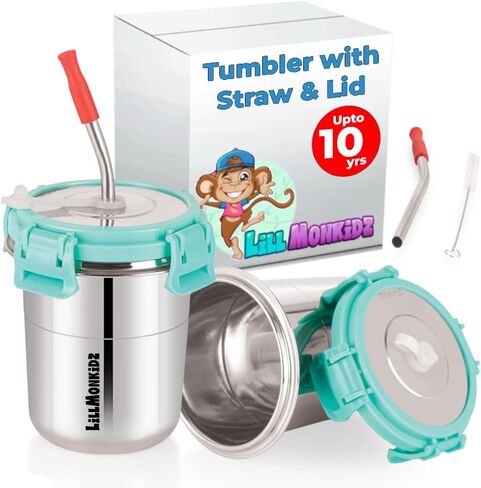 Stainless Steel Toddler Cups - Spill Proof Sippy Cup, 10.2 Oz Pack Of 2, Sea Green - Tumbler Cup for Kids, Smoothie Cup, Ideal for Toddlers and Kids, with Silicon Sleeve Tip Straw and Lid in Saudi Arabia
