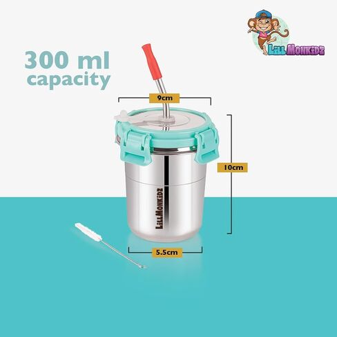 Stainless Steel Toddler Cups - Spill Proof Sippy Cup, 10.2 Oz Pack Of 2, Sea Green - Tumbler Cup for Kids, Smoothie Cup, Ideal for Toddlers and Kids, with Silicon Sleeve Tip Straw and Lid in Saudi Arabia