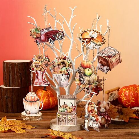 Junebrushs 36 حزمة الخريف الشكر الحلي الخشبية للمنزل، الطباعة على الوجهين يترك الزينة اليقطين لشرفة رف الشجرة معلقة مع الحبال حفرة ما قبل الحفر لديكور حفلة حصاد الخريف in Kuwait