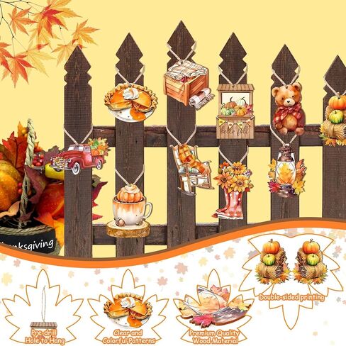 Junebrushs 36 حزمة الخريف الشكر الحلي الخشبية للمنزل، الطباعة على الوجهين يترك الزينة اليقطين لشرفة رف الشجرة معلقة مع الحبال حفرة ما قبل الحفر لديكور حفلة حصاد الخريف in Kuwait