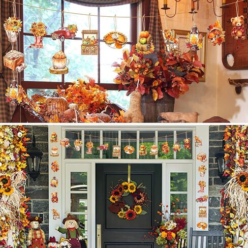 Junebrushs 36 حزمة الخريف الشكر الحلي الخشبية للمنزل، الطباعة على الوجهين يترك الزينة اليقطين لشرفة رف الشجرة معلقة مع الحبال حفرة ما قبل الحفر لديكور حفلة حصاد الخريف in Kuwait
