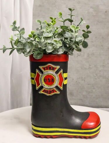 Ebros Gift Patriotic American Hero Fire Fighters Fireman Red Black and Yellow Boot Hand Painted Resin Decorative Flower Bouquet Vase Or Planter Figurine Fire Department 911 Home Decor Accent in Saudi Arabia
