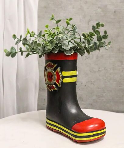 Ebros Gift Patriotic American Hero Fire Fighters Fireman Red Black and Yellow Boot Hand Painted Resin Decorative Flower Bouquet Vase Or Planter Figurine Fire Department 911 Home Decor Accent in Saudi Arabia
