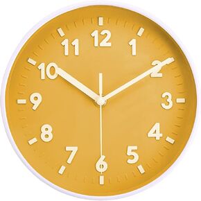 8 Inch Round Quiet Wall Clock Easy Read Big Numbers Kitchen Modern Non-Ticking Decorative Wall Clock for Bedroom Office School-Yellow