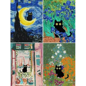 ARPADAMO Adults Beginners Paint by Number Kits ， Press Digital Easy Acrylic Black cat 4 Pieces Paint, DIY Watercolor Paint Press Digital kit on Canvas Home Wall Decoration Without Frame 19.5×15.6inch