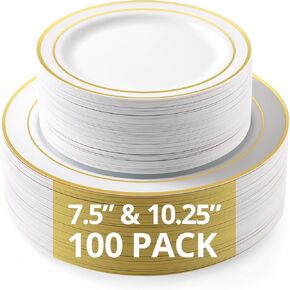 TENYANSEN 100PCS White Plastic Plates for Party, Premium Elegant Disposable Plates - 10.25inch Dinner Plates and 7.5inch Appetizer/Dessert/Salad Plates for Parties, Wedding, Birthday