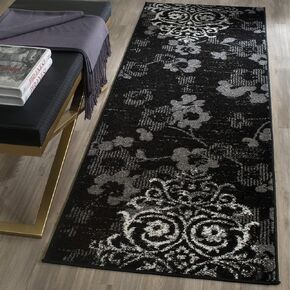 SAFAVIEH Adirondack Collection Runner Rug - 2'6" x 12', Black & Silver, Floral Glam Damask Distressed Design, Non-Shedding & Easy Care, Ideal for High Traffic Areas in Living Room, Bedroom (ADR114A)