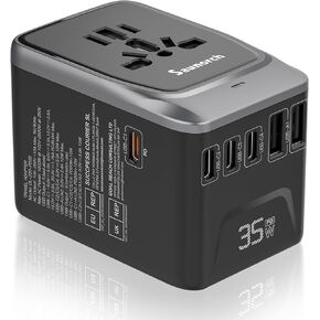 SAUNORCH Universal Travel Adapter, 7 in 1 International Power Plug Adapter with PD 35W 4 USB-C and 2 USB-A Fast Wall Charger, Worldwide AC Outlet for US Europe UK AUS Asia (Silver+Black)