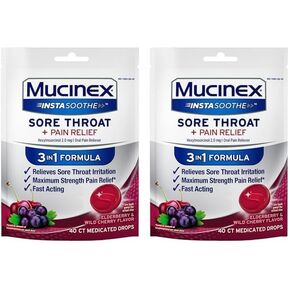 Mucinex Instasoothe Sore Throat Relief, Sore Throat Lozenges, Sore Throat Medicine with Hexylresorcinol, Cough Drops Alternative, 40 Elderberry & Wild Cherry Medicated Numbing Throat Drops