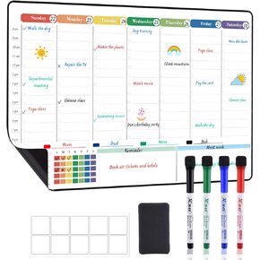 POPRUN Dry Erase Board Magnetic Weekly Calendar Whiteboard for Fridge, 16.5"x11"Schedule Board for Kids, Weekly Planner Whiteboard with Hourly Time Slots Perfect as Planner Board for School and Family