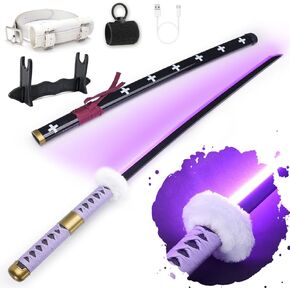 RENGENG Light Up Zoro Sword, 40 Inches Rechargeable Pre-Assembled Plastic Replica Anime Sword with Belt & Stand & Spinner