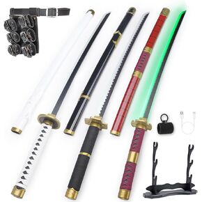 RENGENG Light Up Zoro Sword, 40 Inches Rechargeable Pre-Assembled Plastic Replica Anime Sword with Belt & Stand & Spinner