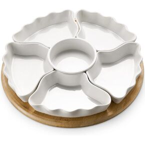 DOWAN 360° Rotatable Serving Tray and Platters, 12 Inch Divided Serving Bowls for Party, Kitchen Decor, Removable Serving Dishes for Chips and Dip, Fruit, Veggies, Candy and Snacks, 7 Pieces, White