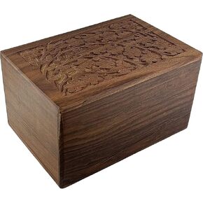 Wooden Urn Box - Human Funeral Cremation Urn with Hand Carved Design (Small 6" x 4" x 3" Urn Holds: 25 cu. in.)