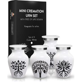 Urns for Human Ashes - Set of Four Decorative Mini Urns for Human Remains - Small Cremation Urn for Ashes - Tree of Life Design and Velvet Bag (White)