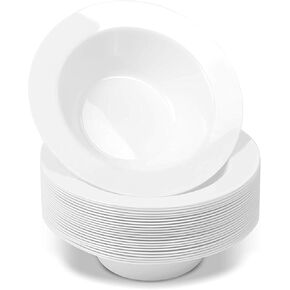 BloominGoods 50 Large Disposable White Plastic Soup Bowls | 14 oz. Premium Heavy Duty Disposable Dinnerware with Real China Design (50-Pack)