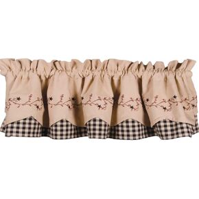 Primitive Home Decors Star Berry Vine Check Fairfield Black and Nutmeg 72" x 15.5" Lined Cotton Valance