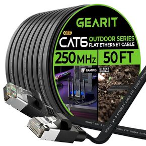 GearIT Cat 6 Outdoor Flat Ethernet Cable (50ft, Black) Direct Burial Rated LLDPE Jacket - Indoor Cat6 Shielded FTP 10Gbps High Speed Gaming Computer Network RJ45 Snagless Patch Cord Internet