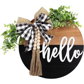 Hello Home Sign for Front Door, Farmhouse Front Porch Hello Door Sign Decorations Wood Wreaths for Holiday Halloween Christmas, Hanging Door Decor Spring Summer Fall Winter Indoor Outdoor