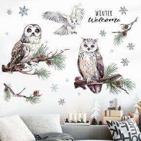 Mfault Winter Welcome Owl Wall Decals Stickers, Winter Season Birds Branches Pine Cones Snowflakes Decorations Bedroom Art, 2025 New Year Christmas Holiday Home Kitchen Decor