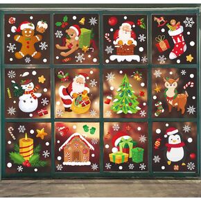 Whaline 18 Sheet Christmas Window Clings Winter Xmas Santa Reindeer Gingerbread Man Snowflake Reusable Window Decals for Home School Office Party Decor