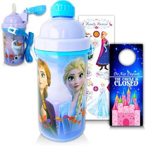 Disney Frozen Water Bottle Set for Kids - Bundle with 12 Oz Frozen Canteen with Pop Up Lid and Strap Plus Frozen Stickers and More (Girls Water Bottles)