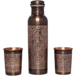 Pure Copper Water Bottle with 2 Tumblers Set, Beautiful Floral Pattern For Ayurveda Health Benefits