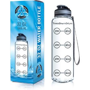 Time Marked Water Bottle, Clear Sports Timed Water Bottle 32 oz, Best for Measuring Water Intake, Tritan BPA-Free One Liter Water Bottle Tracker