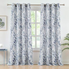 Leaf Print Curtains 84 inch Length Botanical Sheer Curtains Natural Texture Soft Touch Light Filtering Privacy Protect Drapes for Living Room, Blue, 55" Wide, Set of 2 Panels