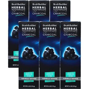 Brush Buddies 3.5 oz Herbal Toothpaste with Activated Charcoal, 6 Pack, Whitening Toothpaste, Charcoal Toothpaste for Whitening Teeth - Cool Mint