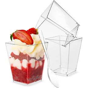 TOFLEN 50 Pack 5 oz Square Mini Dessert Cups with Spoons Clear Plastic Dessert Shooter Cups for for Party, Yogurt, Parfait, Cheesecake, Pudding, Jello and Appetizers