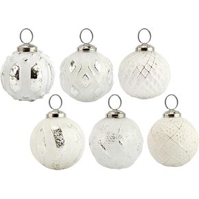 AuldHome Farmhouse Ball Ornaments (Set of 6, Antique Gold); Distressed Metal Glass Ball Vintage Style Christmas Decorations