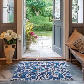EVERGRACE Area Rugs for Living Room 5x7, Boho Floral Faux Wool Indoor Outdoor Rugs, Washable Rugs for Bedroom Dining Room Entryway Kitchen, Low Pile Floor Mat Carpet for Home Decor, Porcelain Blue