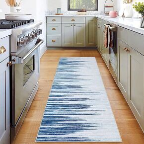 Washable Runner Rug 2x6 Runner Modern Geometric Rug Striped Non Slip Kitchen Rugs Entryway Rug Blue Linear Soft Bathroom Rugs Stain Resistant Carpet for Hallway Laundry Blue 2'x6'