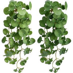 Fake Hanging Plants 2PCS, Artificial Copper Coin Grass Plants Artificial Succulents Plants Faux Greenery Wall Hanging for Shelf Home Office Indoor Outdoor Garden Decor