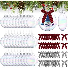Yookeer 64 Pcs Christmas Ornaments Plastic Discs Clear Iridescent Fillable Balls with Silver Cap and Black White Red Buffalo Plaid Bows for Craft DIY Tree Wreath Decoration (Clear,2.36 Inch)