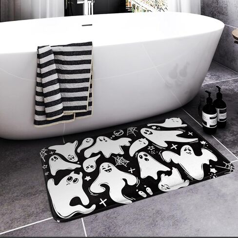 britimes هالوين حمام حصيرة للحمام أسود أبيض شبح القبور سجادة الحمام لا زلة، غطاء أرضية البساط الكلمة حصيرة 16x24 بوصة ديكور الحمام in Kuwait