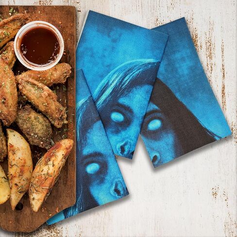 4 Pcs Halloween Napkins Party Decor Girl Ghost Themed for Skull Face Party Dinner Kids Fright Night Zombie Decorations Supplies - 12 x 15 Inch Black in Saudi Arabia