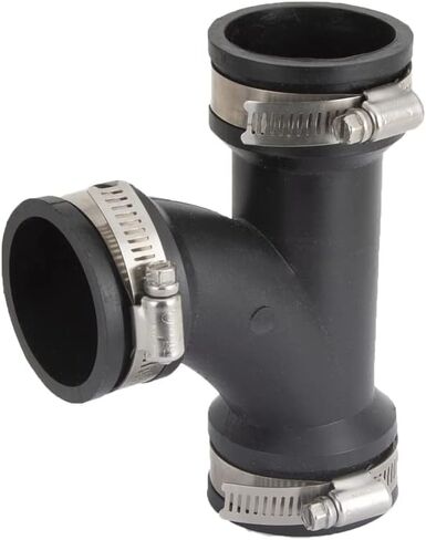 Rocky Mountain Goods 1-1/2 بوصة. تي شيرت PVC مرن - وصلة تي شيرت مرنة - أسود - مشابك من الفولاذ المقاوم للصدأ - لتطبيقات الصرف غير الضغط، والنفايات، والتهوية (DWV) - داخلي وخارجي in Kuwait