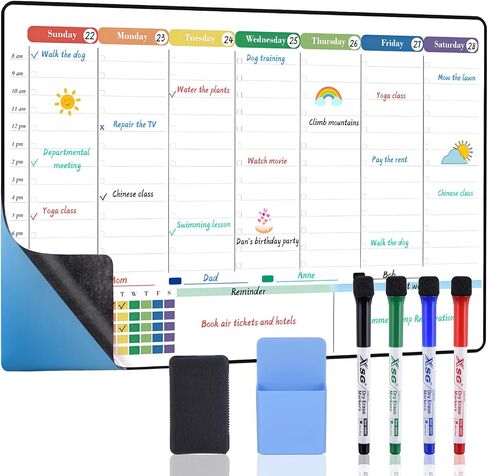 POPRUN Dry Erase Board Magnetic Weekly Calendar Whiteboard for Fridge, 16.5"x11"Schedule Board for Kids, Weekly Planner Whiteboard with Hourly Time Slots Perfect as Planner Board for School and Family in Kuwait
