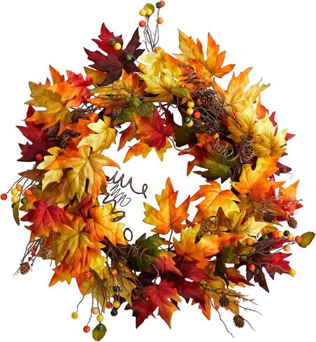 Nearly Natural 24in. Autumn Maple Leaf and Berries Artificial Fall Wreath with Twig Base in Saudi Arabia