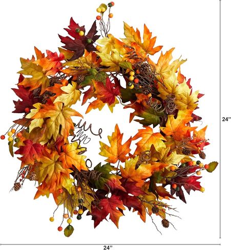 Nearly Natural 24in. Autumn Maple Leaf and Berries Artificial Fall Wreath with Twig Base in Saudi Arabia