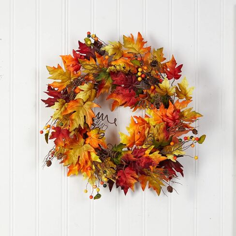 Nearly Natural 24in. Autumn Maple Leaf and Berries Artificial Fall Wreath with Twig Base in Saudi Arabia