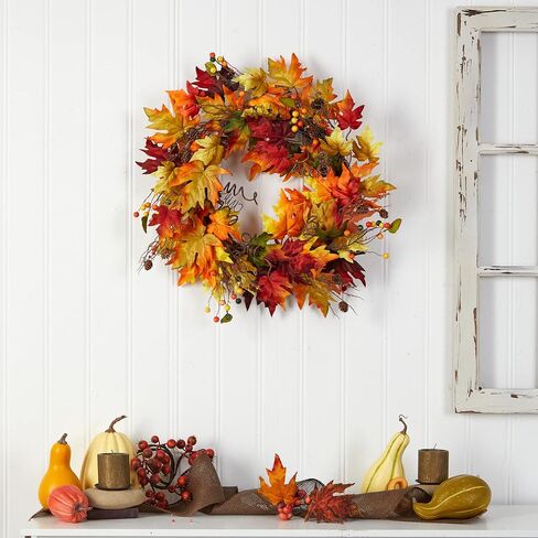 Nearly Natural 24in. Autumn Maple Leaf and Berries Artificial Fall Wreath with Twig Base in Saudi Arabia