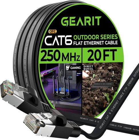 GearIT Cat 6 Outdoor Flat Ethernet Cable (50ft, Black) Direct Burial Rated LLDPE Jacket - Indoor Cat6 Shielded FTP 10Gbps High Speed Gaming Computer Network RJ45 Snagless Patch Cord Internet in Saudi Arabia