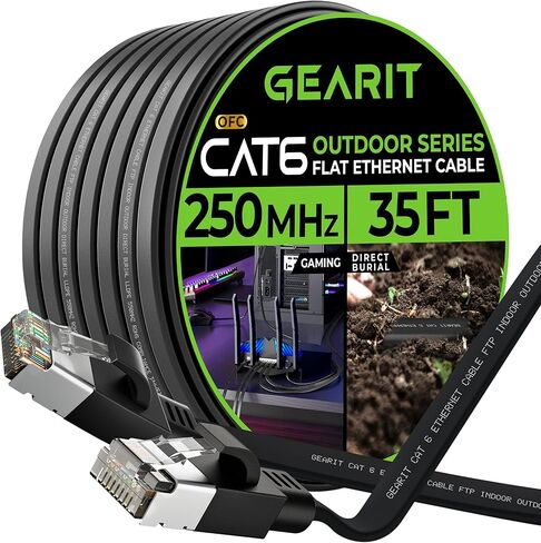 GearIT Cat 6 Outdoor Flat Ethernet Cable (50ft, Black) Direct Burial Rated LLDPE Jacket - Indoor Cat6 Shielded FTP 10Gbps High Speed Gaming Computer Network RJ45 Snagless Patch Cord Internet in Saudi Arabia