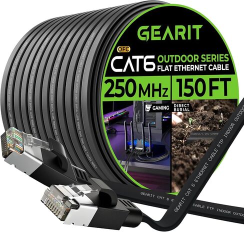 GearIT Cat 6 Outdoor Flat Ethernet Cable (50ft, Black) Direct Burial Rated LLDPE Jacket - Indoor Cat6 Shielded FTP 10Gbps High Speed Gaming Computer Network RJ45 Snagless Patch Cord Internet in Saudi Arabia