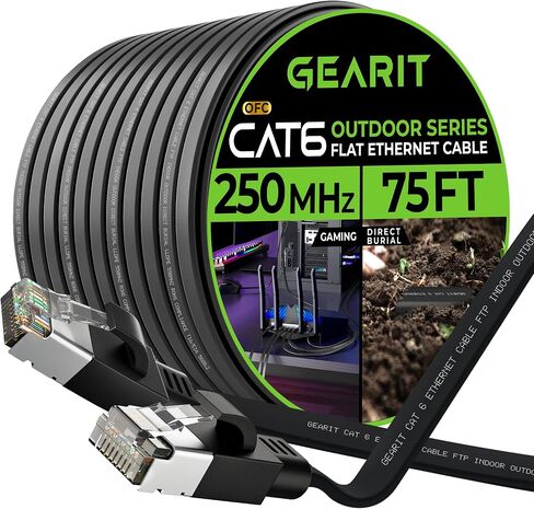 GearIT Cat 6 Outdoor Flat Ethernet Cable (50ft, Black) Direct Burial Rated LLDPE Jacket - Indoor Cat6 Shielded FTP 10Gbps High Speed Gaming Computer Network RJ45 Snagless Patch Cord Internet in Saudi Arabia