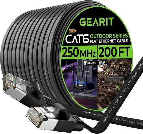 GearIT Cat 6 Outdoor Flat Ethernet Cable (50ft, Black) Direct Burial Rated LLDPE Jacket - Indoor Cat6 Shielded FTP 10Gbps High Speed Gaming Computer Network RJ45 Snagless Patch Cord Internet in Saudi Arabia